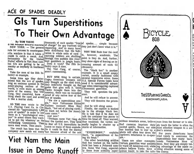 Card decks with 52 aces of spades were used for psych warfare in Vietnam