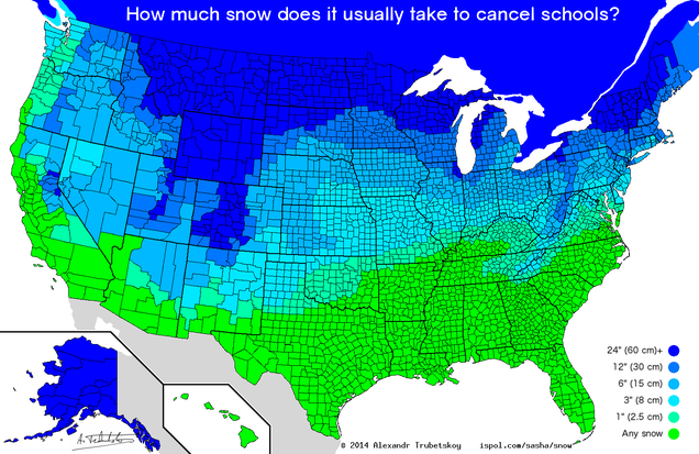 This Map Shows the Amount of Snow It Takes to Cancel School