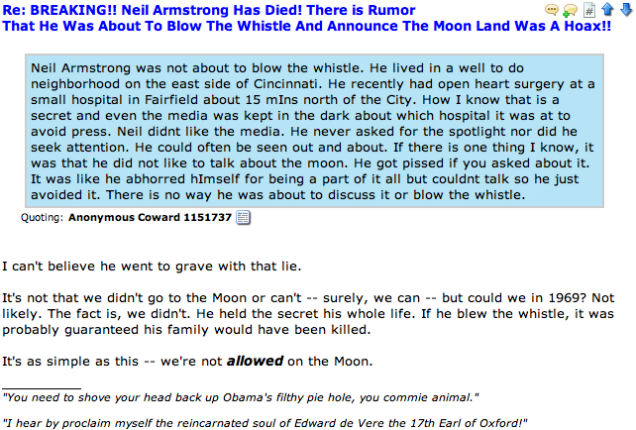 'Neil Armstrong - LYING PIECE OF MASON SH*T: Good RIDDANCE': Moon Truthers Mourn a Legend