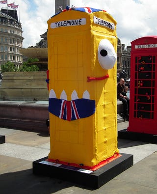 Artsy alternate universe TARDISes decorated with leopard spots and disguised as Big Ben