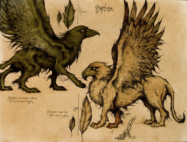 Mythological beasts, drawn in the style of old biology textbooks