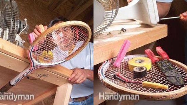 Reuse a Tennis Racket as a Swing-out Workbench Caddy