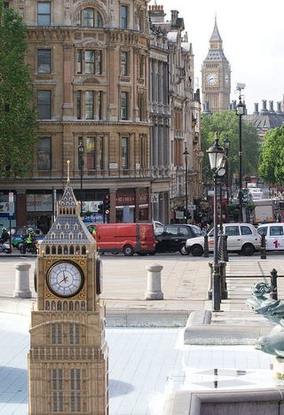 Artsy alternate universe TARDISes decorated with leopard spots and disguised as Big Ben