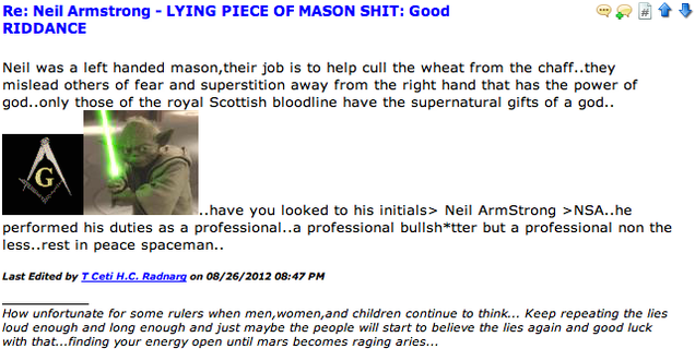 'Neil Armstrong - LYING PIECE OF MASON SH*T: Good RIDDANCE': Moon Truthers Mourn a Legend