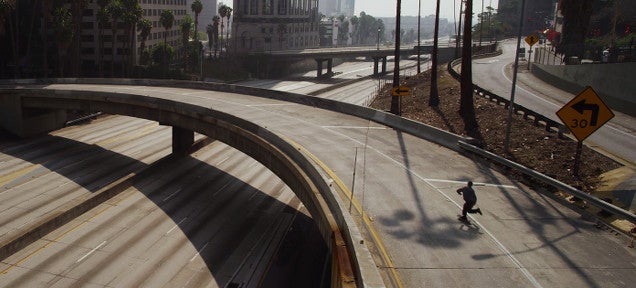 Lonely skater explores eerie Los Angeles empty of any cars