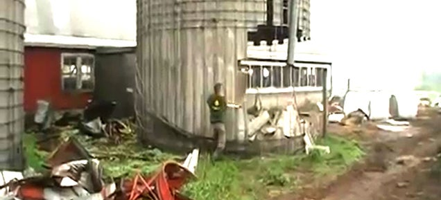 Crazy guy destroys a silo tower by smashing it with just one hammer