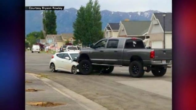 Kid Races Grampa's Car Through A Busy Park 'Til Vigilante Truck Rams Him