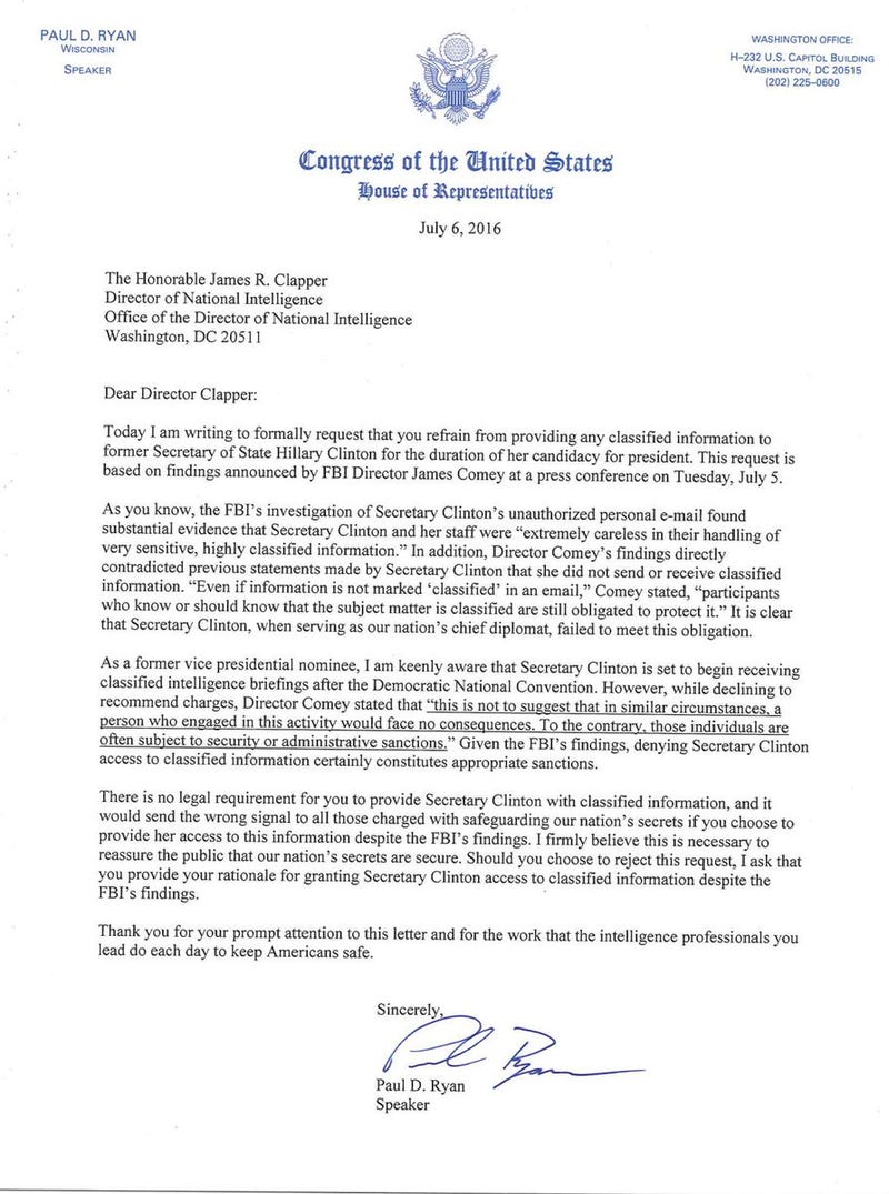 Paul Ryan Wants to Ban Hillary Clinton From Receiving Classified Information During Her Campaign