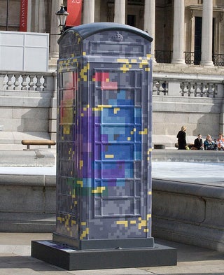 Artsy alternate universe TARDISes decorated with leopard spots and disguised as Big Ben