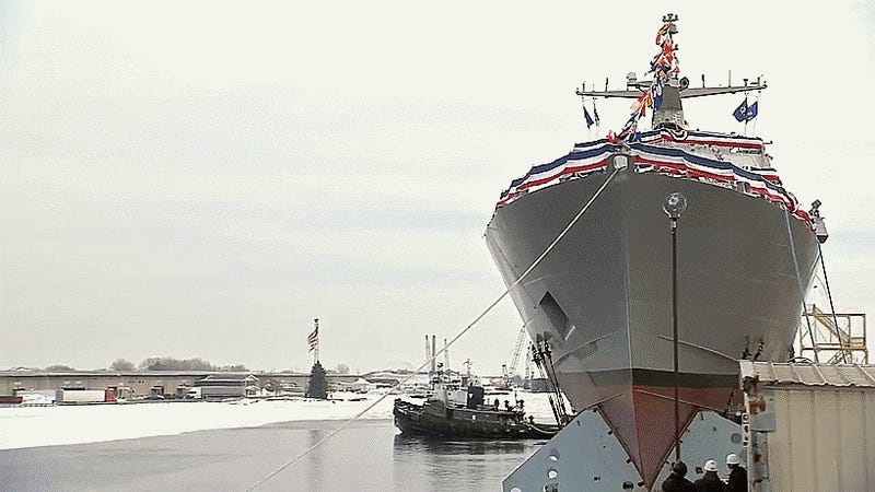 Watch The Navy's 11th Littoral Combat Ship Plunge Sideways Into The Frigid Menominee River 