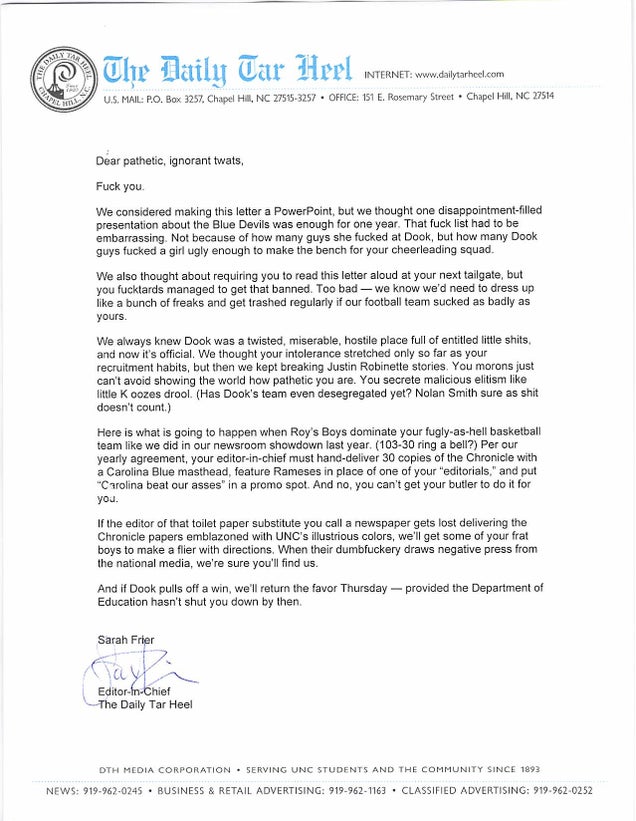 "Dear Pathetic, Ignorant Twats": The Duke/UNC War Of Words Heats Up