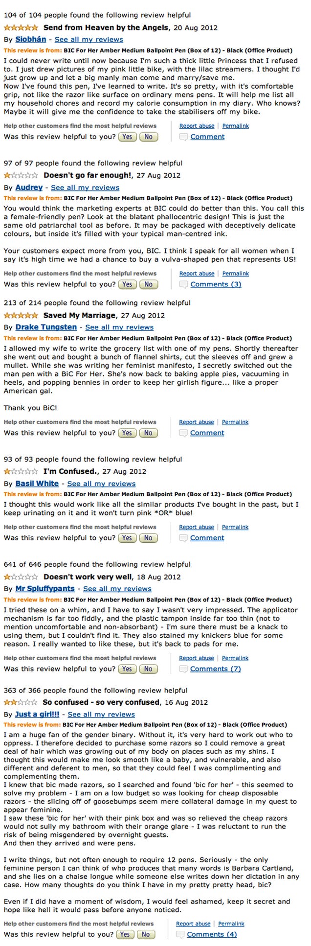 Hilarious Amazon Reviewers Take on Bic's Stupid, Sexist 'For Her' Women's Pens