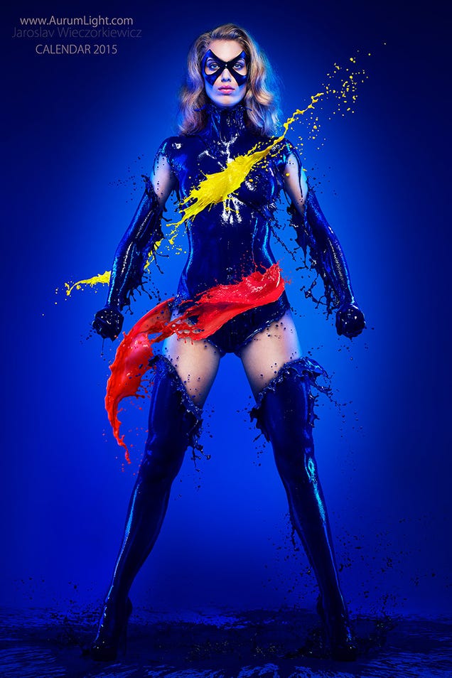 Famous superheroines wearing suits made of liquid paint look really cool