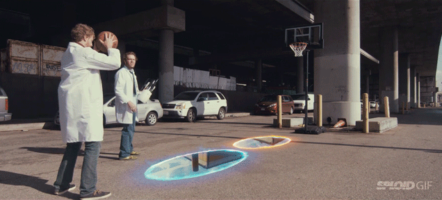 Guys use a Portal gun to do some impossible basketball trick shots