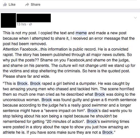 Facebook Removed a Stanford Rapist Meme and Users Are Pissed