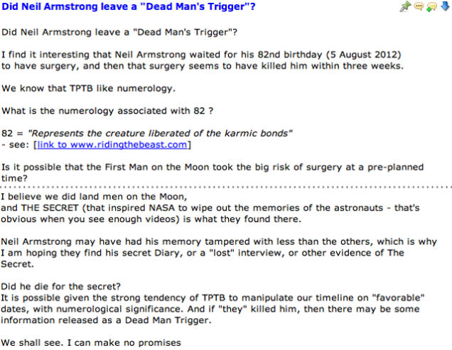 'Neil Armstrong - LYING PIECE OF MASON SH*T: Good RIDDANCE': Moon Truthers Mourn a Legend