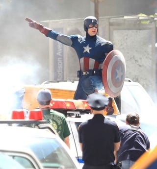 Watch Captain America fight a mysterious enemy on the set of The Avengers
