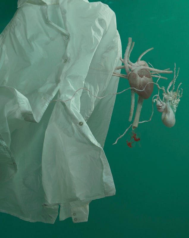 Human organs floating out of dress shirts, underwater
