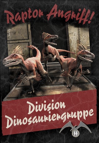 Propaganda posters urge you to keep calm and shoot Nazi dinosaurs