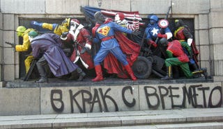 Bulgarian street artists turn Soviet war memorial into Superman, Wolverine, and other superheroes