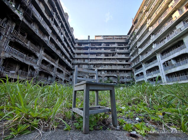 The abandoned man-made island shaped like a battleship