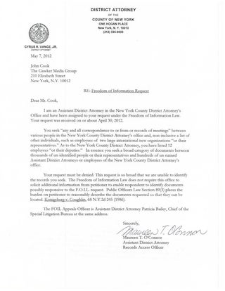 Manhattan DA Refuses to Disclose Contacts With Roger Ailes or Fox News