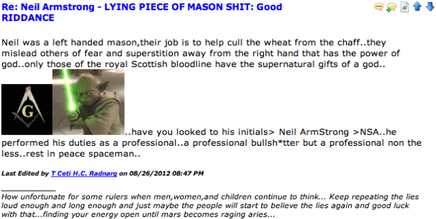 'Neil Armstrong - LYING PIECE OF MASON SH*T: Good RIDDANCE': Moon Truthers Mourn a Legend