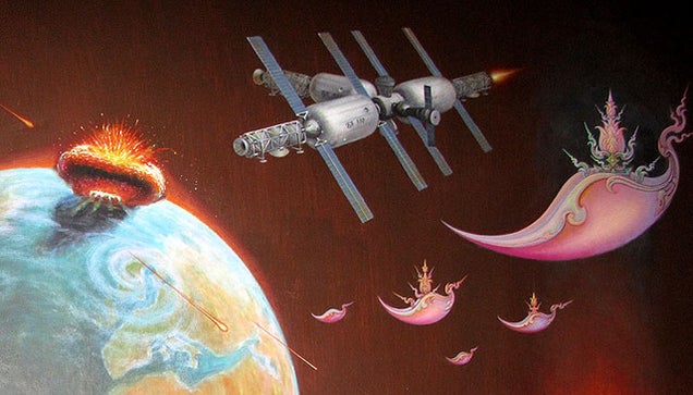 A Buddhist temple adorned with paintings of Superman, Neo, and other scifi heroes