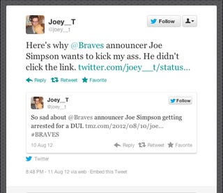 It Sounds Like Braves Broadcaster Joe Simpson Wants To Beat Up Someone On Twitter