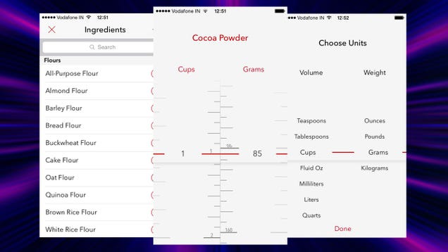 Cake Converts Volumes and Weights Based on Ingredients