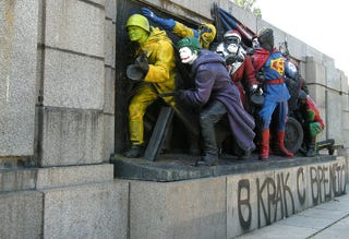 Bulgarian street artists turn Soviet war memorial into Superman, Wolverine, and other superheroes