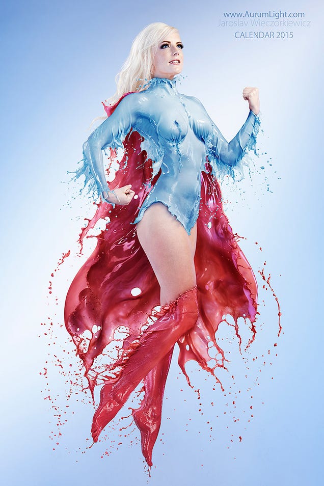 Famous superheroines wearing suits made of liquid paint look really cool