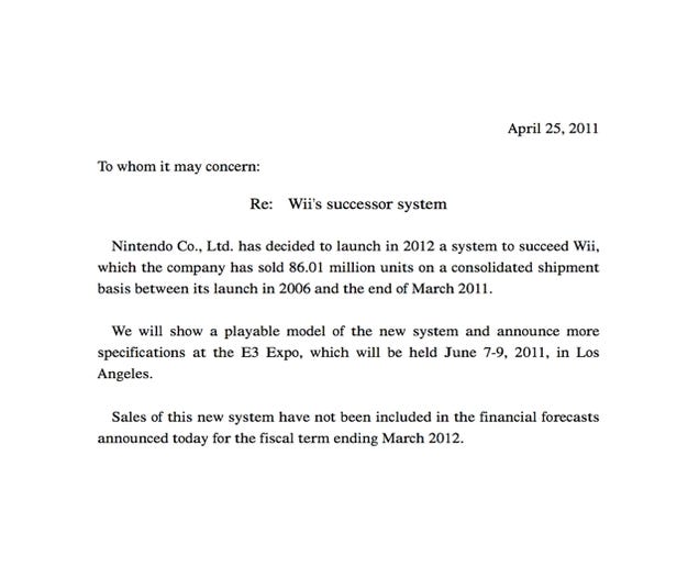 Nintendo Confirms Wii Successor. It's On Sale In 2012.