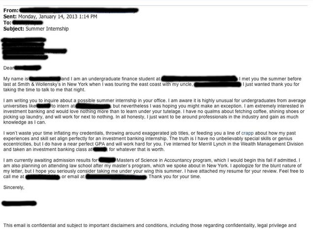 'Unapologetically Honest' Wall Street Internship Cover Letter from 'Nothing Special' Undergrad Lands Him Every Job Offer Available