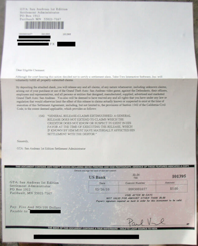 The Grand Theft Auto 'Hot Coffee' Payout Checks Are In The Mail