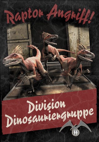 Propaganda posters urge you to keep calm and shoot Nazi dinosaurs