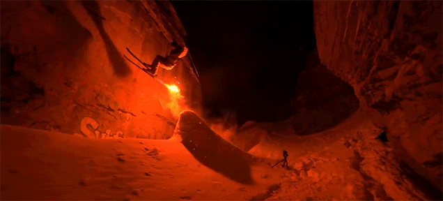 Skiing in the Dark with a Torch Attached to a Ski Is Crazy Fun