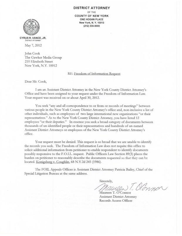 Manhattan DA Refuses to Disclose Contacts With Roger Ailes or Fox News