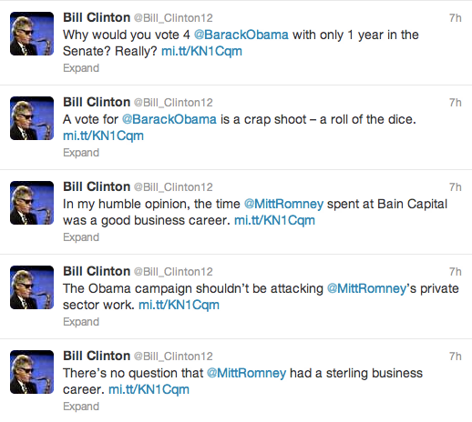 Romney Campaign Tweets From Bill Clinton Parody Account