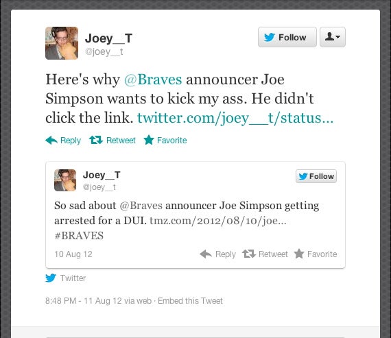 It Sounds Like Braves Broadcaster Joe Simpson Wants To Beat Up Someone On Twitter