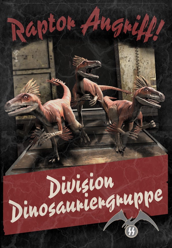 Propaganda posters urge you to keep calm and shoot Nazi dinosaurs