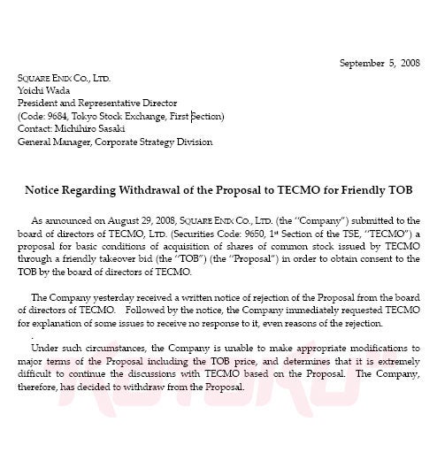 Square Enix Takes "No" For An Answer, Withdraws Takeover Offer