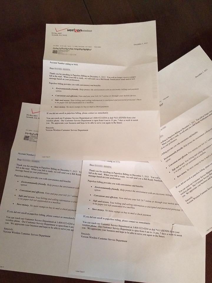 Verizon Confirms Paperless Billing by Mailing Four. Paper. Letters.