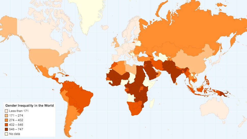 A map showing gender inequality around the world