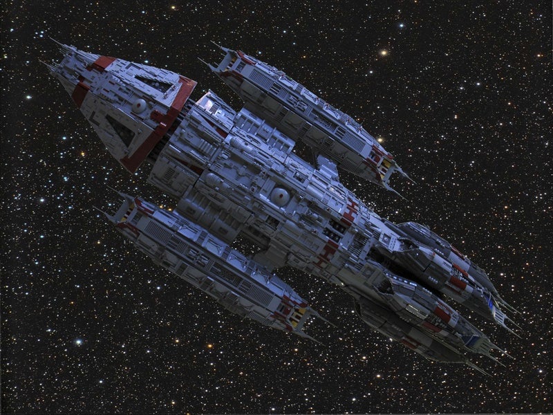 The ships of Battlestar Galactica, immortalized in thousands of LEGO bricks