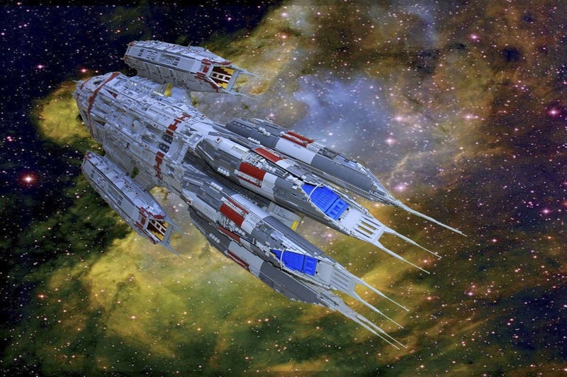 The ships of Battlestar Galactica, immortalized in thousands of LEGO bricks