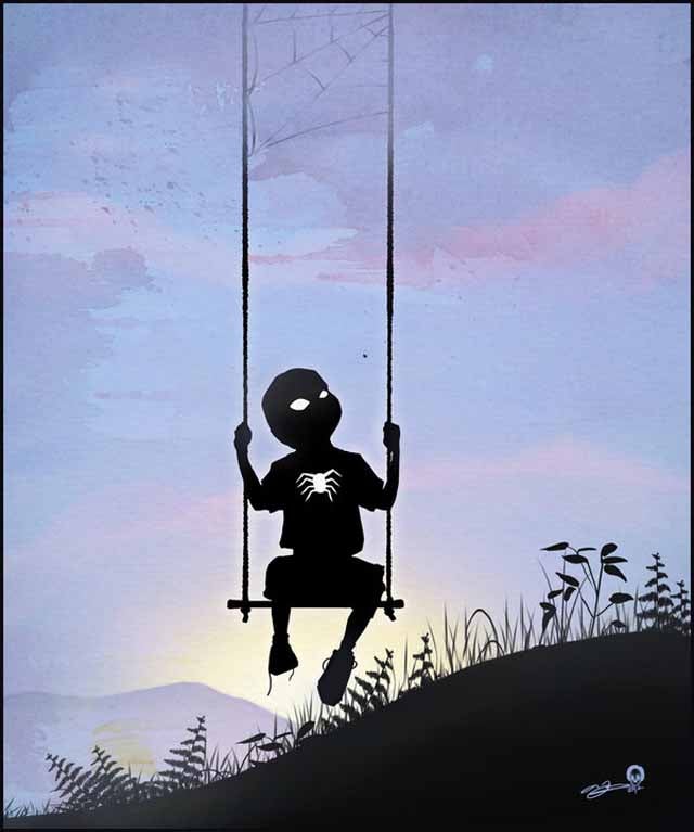 Beautiful superhero silhouettes show comic book characters at recess