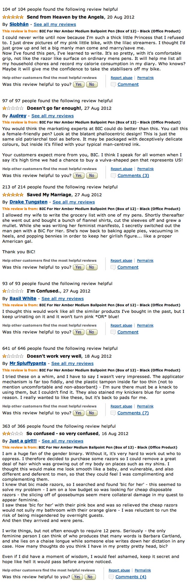 Hilarious Amazon Reviewers Take on Bic's Stupid, Sexist 'For Her' Women's Pens