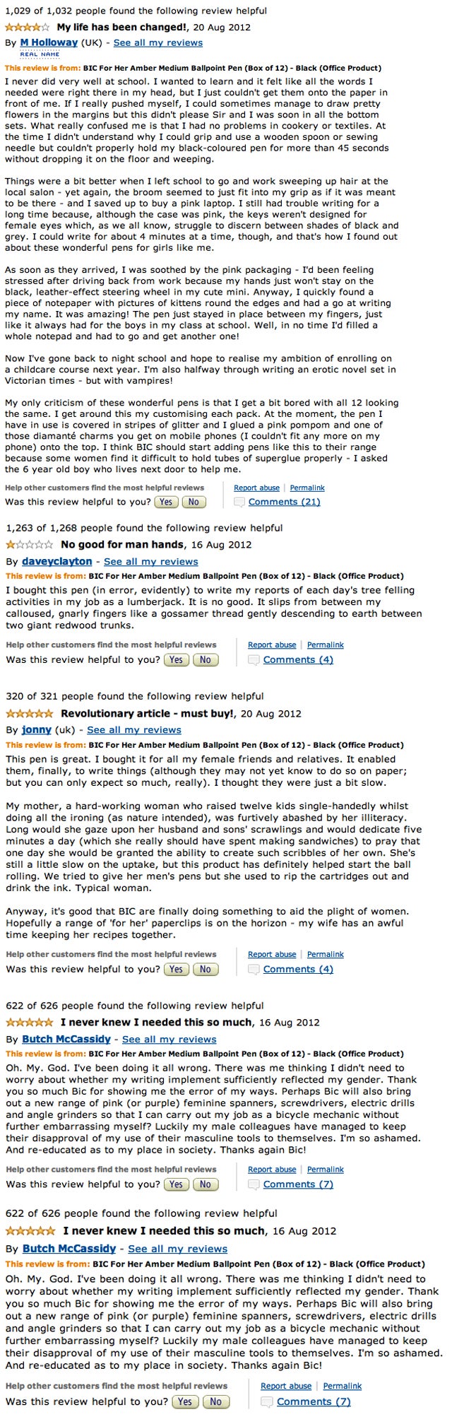 Hilarious Amazon Reviewers Take on Bic's Stupid, Sexist 'For Her' Women's Pens