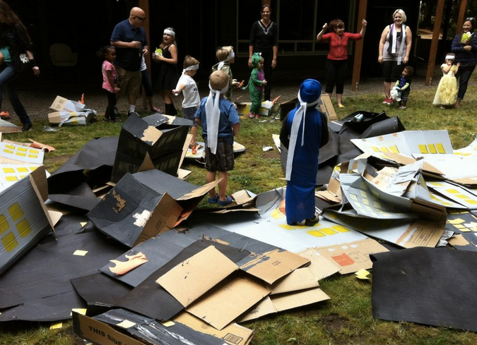 Adorable kaiju birthday party has five-year-olds smashing a cardboard city